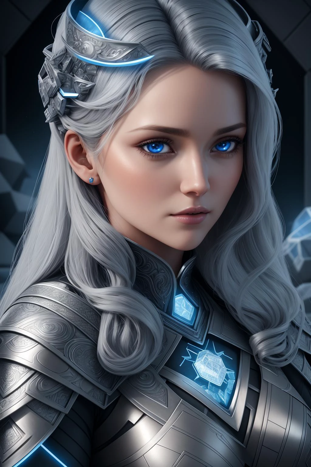 best quality, absurdres, high quality, a portrait of a beautiful woman, sitting, vixen, with Graphite Gray gl0w1ngR, ultra detailed, studio lighting, beautiful detailed face, grey-blue eyes, blonde hair, hair over eyes, detailed background, in an igloo,