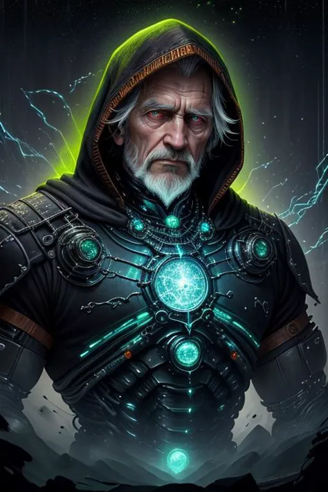 best quality,masterpiece,(1man,  old welsh male:1.2), frail,  jade eyes, gray hair, thick beard,  Style-GravityMagic, solo, from front, front view, upper body,  glowing eyes, detailed background, detailed face, (<lora:DonMASKTex:0.4>, astral magic,    DonMASKTex theme:1.1), techno-warlock,  sinister intentions, dark orange tattered mage vest, sci-fi cursed necklace, cybernetic implants, , hood,  ( green color scheme:1.1), medieval, union of dark necromancy and technology, decaying glowing metal,  veil of darkness, , glowing  tattoos, weaving undying energy, underglow, eerie ethereal atmosphere, ,