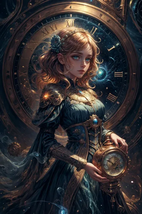 a woman in a dress holding a clock and a clock