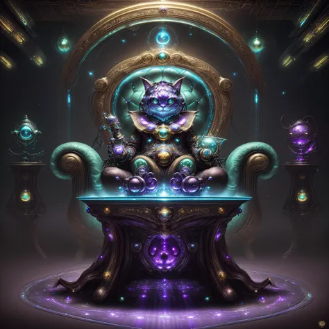 a digital painting of a cat sitting on a throne with glowing lights