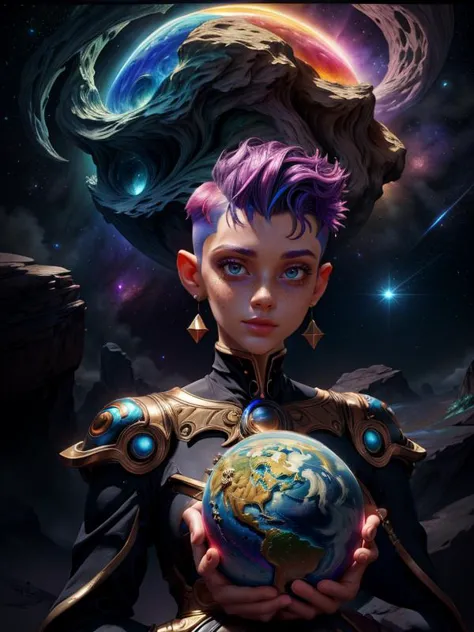 a woman holding a globe in her hands with a space background