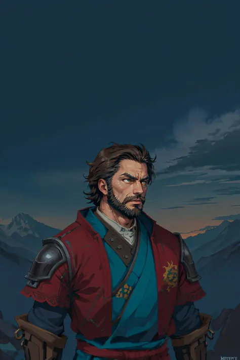 a man with a beard and a red jacket standing in front of a mountain