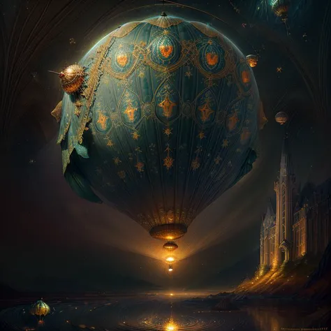 a painting of a hot air balloon flying over a lake