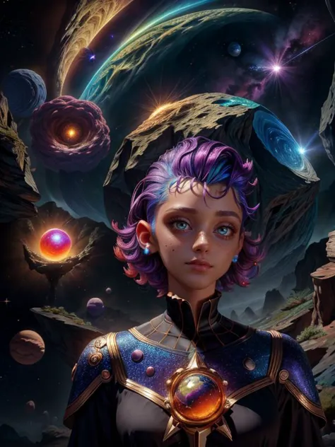 a woman with purple hair and a purple cape stands in front of a space background