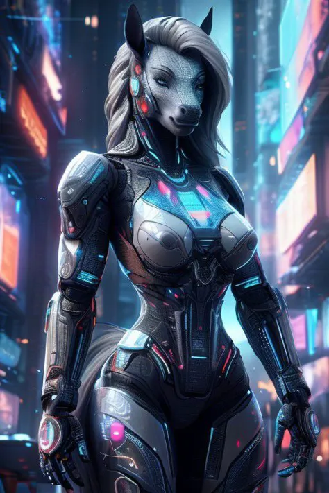 ((equid)), ((equine)), ((horse)), (Mare), Muscular Female cyborg, equine face, pale skin, adstech colorful symbols on skin, glow...
