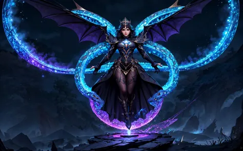 a woman with a dragon wings and a blue halo