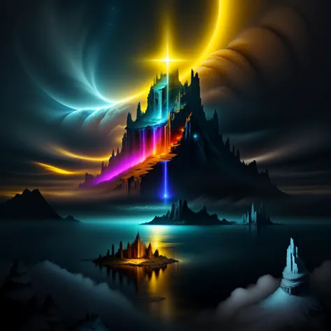 a castle on a mountain with a rainbow light in the sky