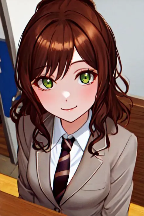 lisa imai,brown hair,close mouth,smile,school uniform,necktie, portrait, curvy green eyes Dim slit pupils,