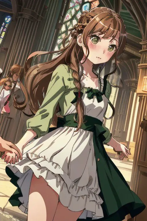 Lisa imai, long hair, green eyes, tiny blush, braided hair, weeding dress, holding hands, holding on her hand, cathedral