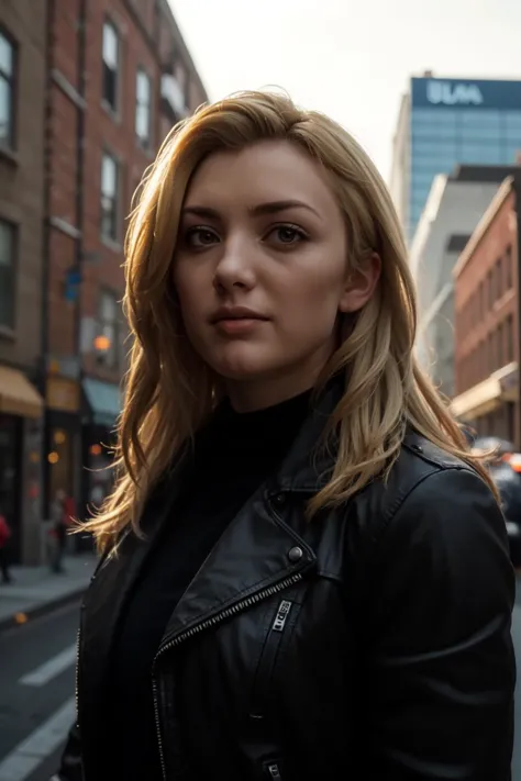 <lora:mondongo_LoRA_PeytonList_v2:1> mndngwmn, blond hair, (ultra realistic, 8k,high quality),(medium shot), wearing a leather jacket, on a city downtown