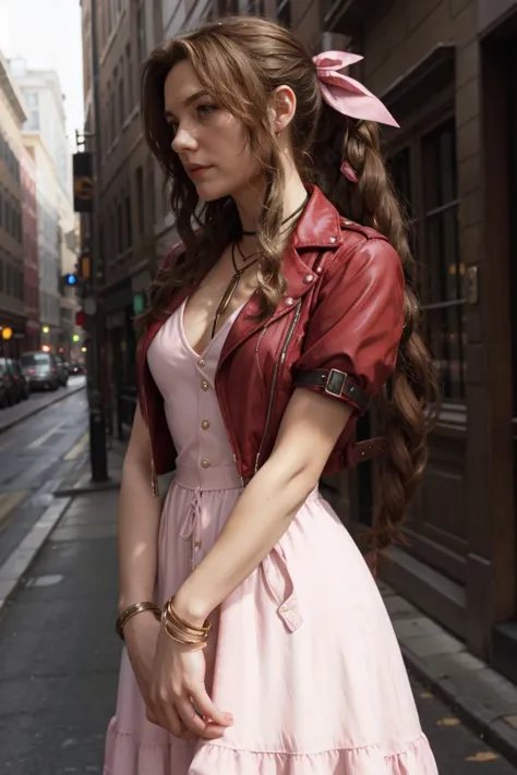 <lora:aerith-nvwls-v1-final:1> aerith gainsborough, choker, cropped jacket, hair bow, bracelet, pink dress, (ultra realistic, 8k...