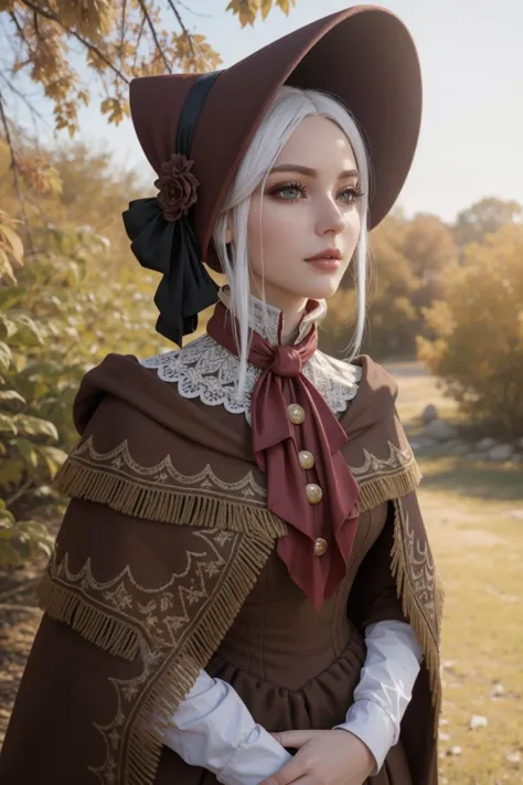 plaindoll, white hair, doll joints, bonnet, brown cloak, long dress, red ascot, (ultra realistic, 8k,high quality), above the waist photo, (ultra realistic, 8k,high quality)