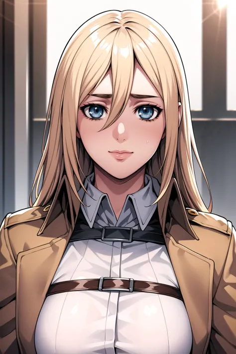 Simple White Background,
brown jacket,long sleeves,thigh strap,white shirt, military uniform,belt, Black_pencil_skirt,
thigh strap, thighs,
blonde hair,blue eyes,bangs, Long_hair,(hair between eyes:1.3),
1 girl, 20yo,Young female,Beautiful Finger,Beautiful long legs,Beautiful body,Beautiful Nose,Beautiful character design, perfect eyes, perfect face,expressive eyes,perfect balance,
looking at viewer,(Focus on her face),closed mouth, (innocent_big_eyes:1.0),(Light_Smile:0.3),
official art,extremely detailed CG unity 8k wallpaper, perfect lighting,Colorful, Bright_Front_face_Lighting,White skin,
(masterpiece:1.0),(best_quality:1.0), ultra high res,4K,ultra-detailed,
photography, 8K, HDR, highres, absurdres:1.2, Kodak portra 400, film grain, blurry background, bokeh:1.2, lens flare, (vibrant_color:1.2),professional photograph,
(Beautiful,large_Breasts:1.4), (beautiful_face:1.5),(narrow_waist),