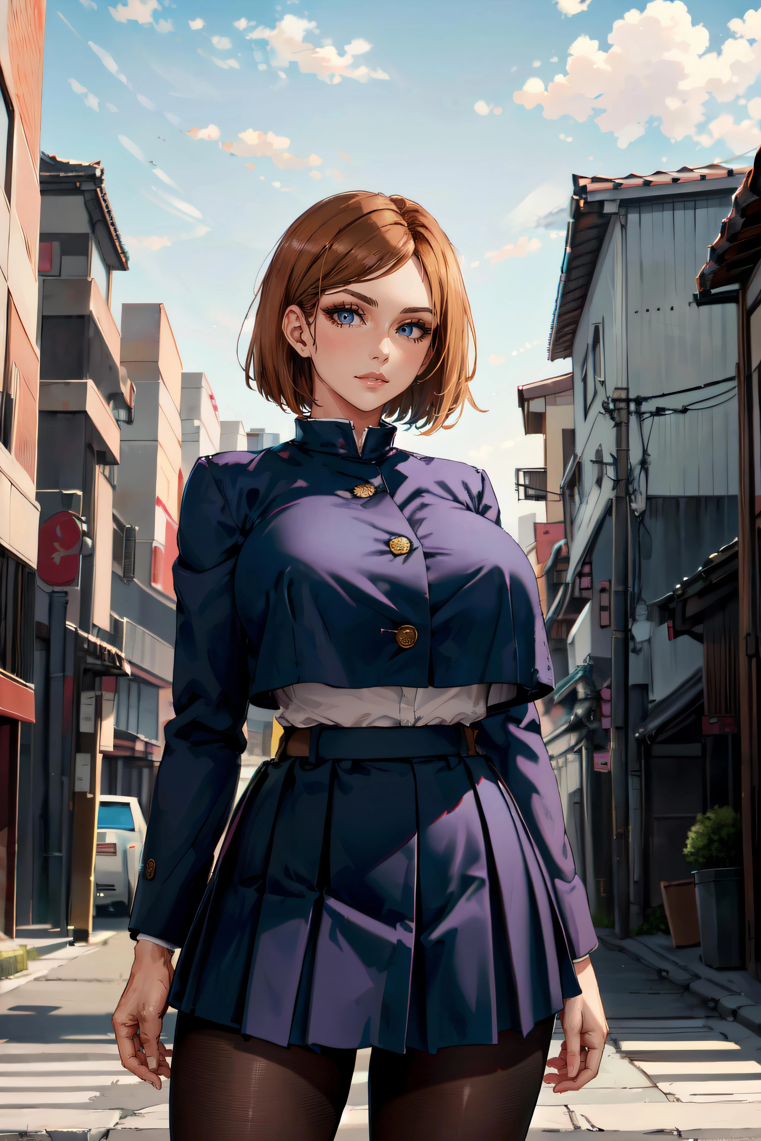 (masterpiece, best quality, ultra detailed, absurdres)1.5, 1girl, (sexy, beautiful woman, perfect face, perfect eyes, perfect female body, huge breasts)1.5, (nobara kugisaki, bob cut, brown hair, lips, short hair, belt, brown belt, brown pantyhose, crop top, crop top overhang, JUJUTSU TECH UNIFORM, jacket, gakuran, pantyhose, pleated skirt, shirt tucked in, skirt, blue skirt, blue crop top, ), (standing, empty street, Japanese street, Japanese city in background, cloudy), perfect lighting, smooth, hdr