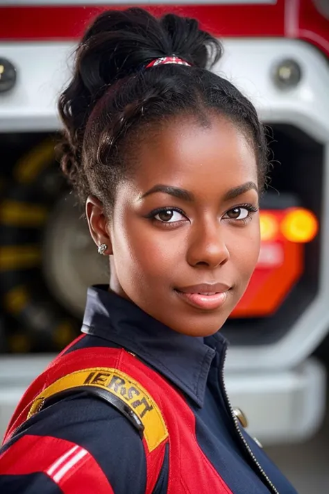 a close up of a woman in a firefighter uniform posing for a picture