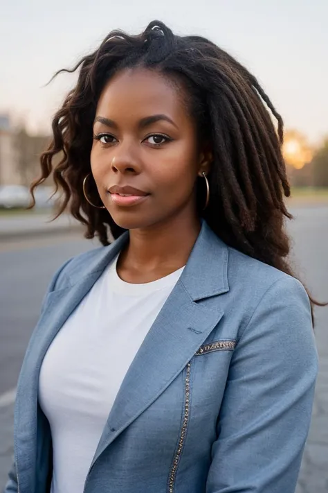 a close up of a woman with dreadlocks standing in a parking lot