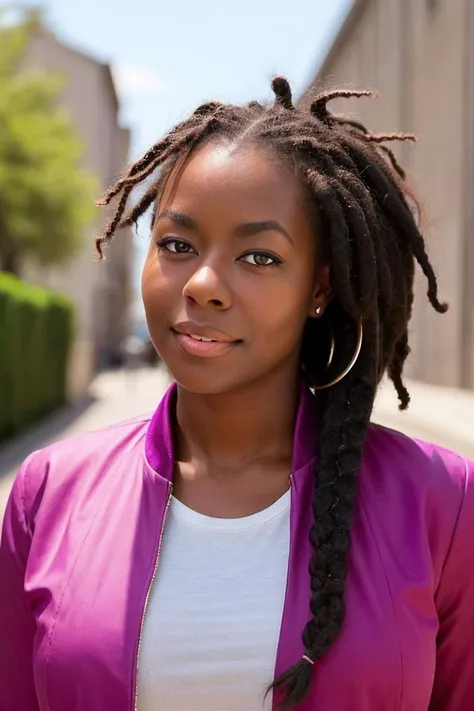 a close up of a woman with dreadlocks standing in front of a building