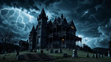 a dark and stormy night scene of a creepy house with a cemetery