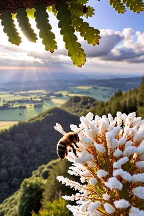 ein Foto (shot in Der point of view from Der back of Der head of a bee:1.3) in Der top of a very (Großer Baum:1.2) Der (Himmel:1.2), (Wolken über, weit weg:1.2), flauschige, Weiß, direktes Sonnenlicht, Linsenreflexion, warme Farben, Blätter, die von einem (starker Wind:1.2), natürliches Licht, 4k uhd, dslr, sanfte Beleuchtung, gute Qualität, Fujifilm XT3