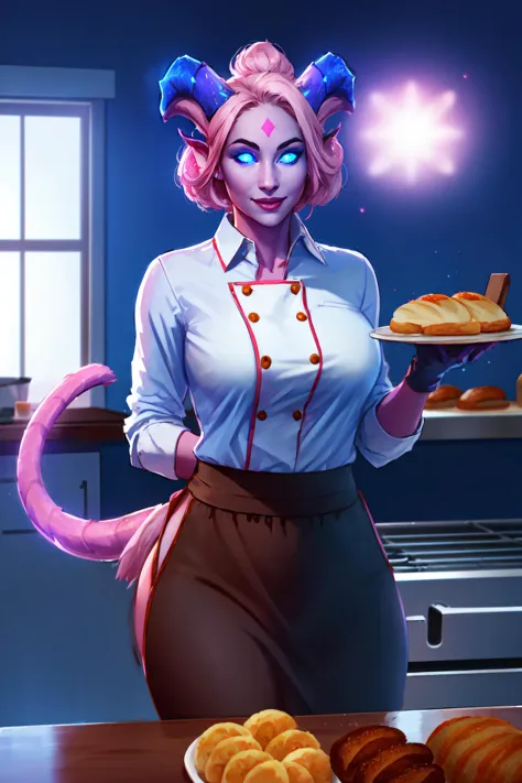 1girl, chef, white buttoned shirt, tail through clothes, tail, kitchen, bakery ,high quality, shedrn, horns, glowing eyes, forehead mark, tail, smile, glowing blue eyes, pink skin, athletic, intricate details, particles, volumetric lighting, best quality, masterpiece, (realistic:1.1),crisp, sharp, <lora:sxzDraeneiWarcraft_sxzDraenei:0.7>