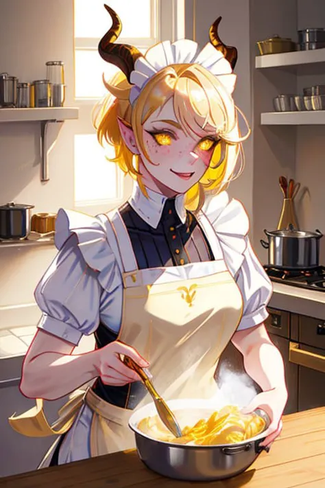 a closeup portrait of a playful shedrn maid, horns, grey skin, glowing yellow eyes, undercut hair, white apron, amazing body, pr...