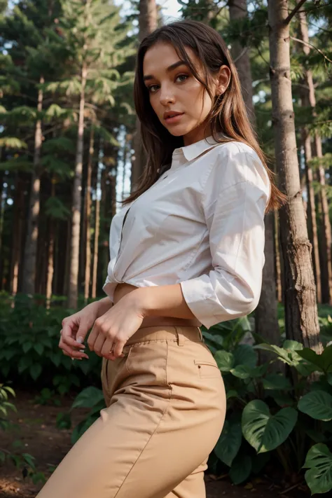 a woman in a white shirt and tan pants standing in the woods