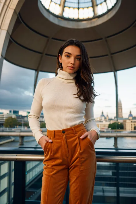 a woman standing on a balcony with a view of the city