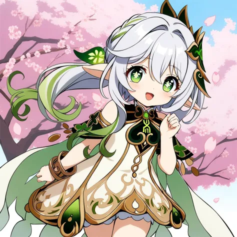 anime girl with white hair and green dress in front of a tree