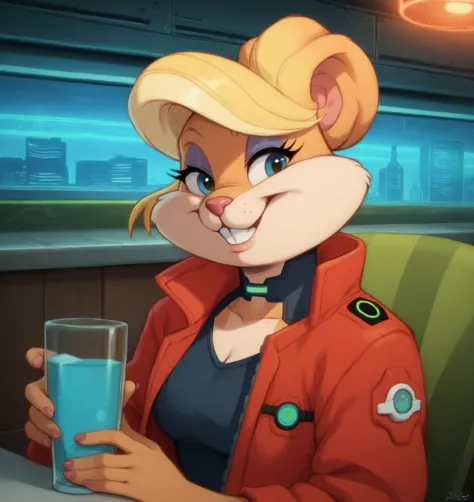 a close up of a cartoon character holding a glass of water