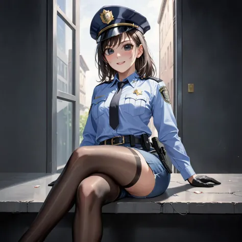 a woman in a police uniform sitting on a ledge