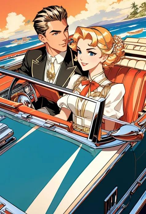 Anime artwork. Couple crusing in a convertible,  art by J.C. Leyendecker,  anime style,  key visual,  vibrant,  studio anime,  highly detailed