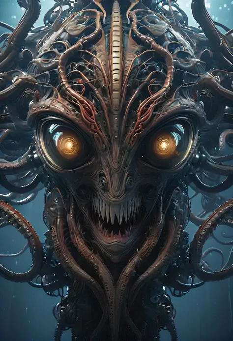 a close up of a strange creature with large eyes and tentacles