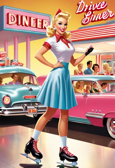 a close up of a woman on a skateboard in front of a diner