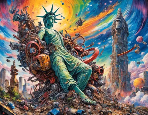 a painting of a statue of liberty sitting on top of a pile of junk