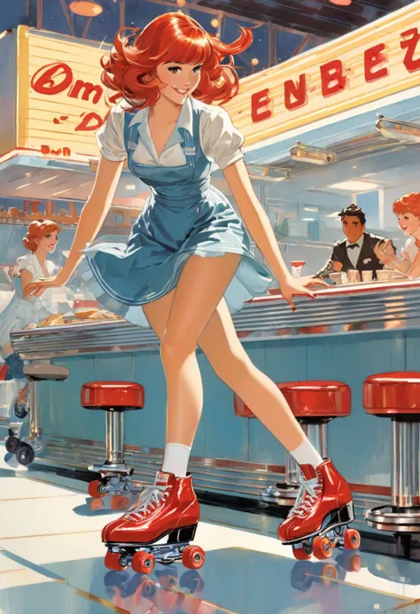 a close up of a woman on roller skates in a diner