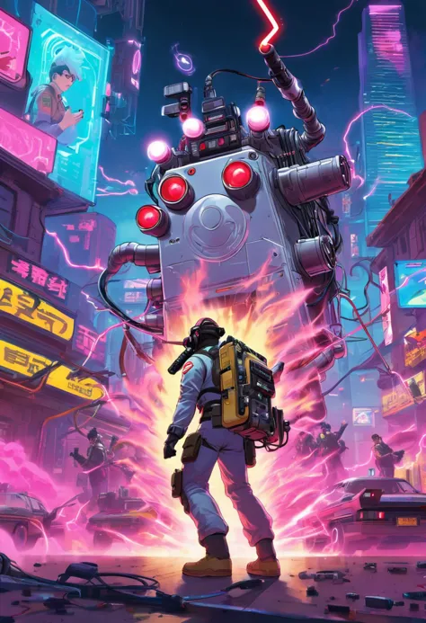 a cartoon image of a robot with a gun in the middle of a city