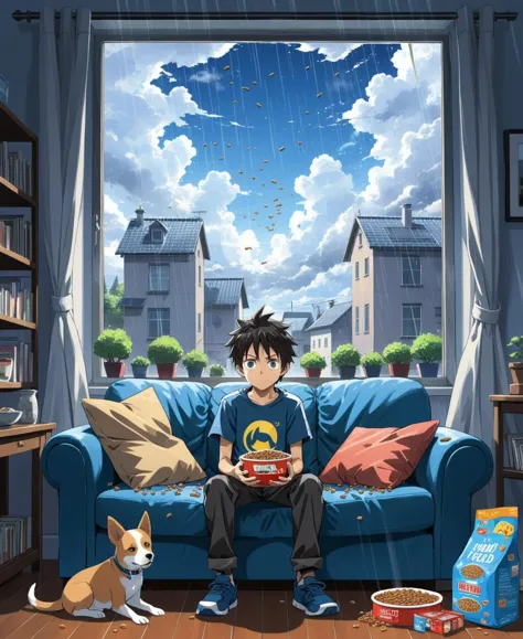 anime style, a young boy  is sitting on a sofa with a dog, a pack of dog food, in the background there is a large window behind which it is raining, insane detialed,  <lora:add-detail-xl:2>