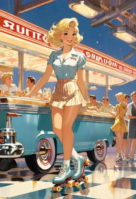 arafed image of a woman riding a skateboard in front of a diner