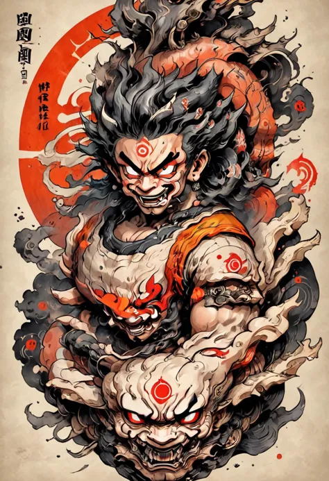 a japanese demon with a demon face and a demon head on his back