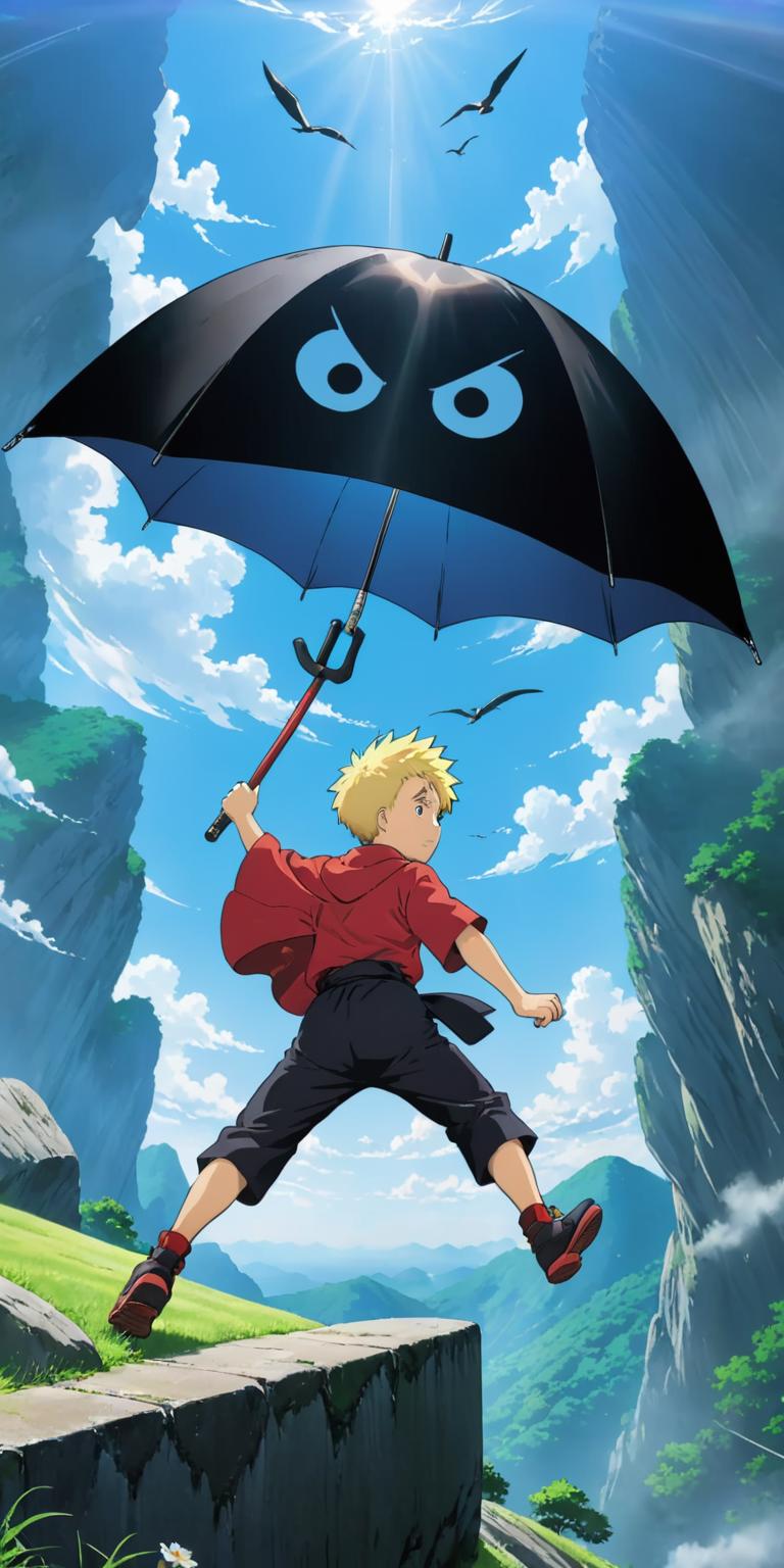 A cartoon image of a boy jumping off a cliff with an umbrella - SeaArt AI