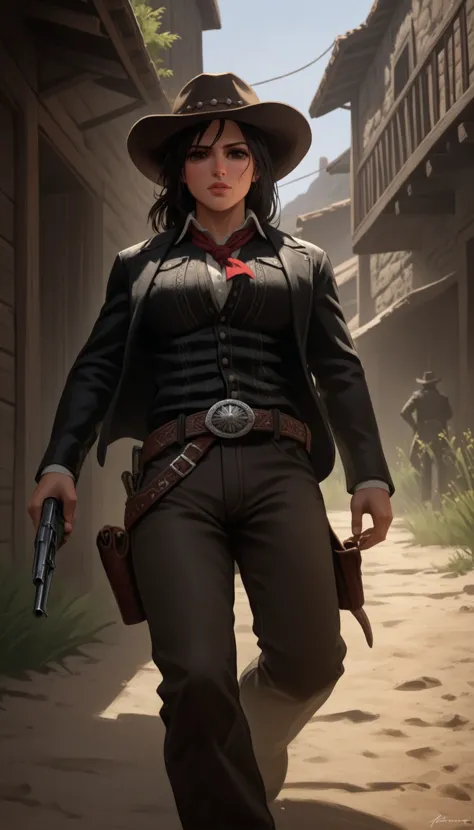 a woman in a cowboy outfit holding a gun and walking down a street