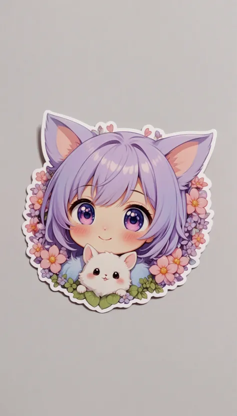 a close up of a sticker of a cat with flowers