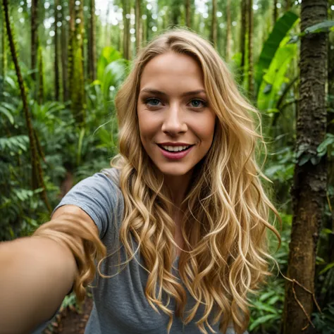 blonde girl taking selfie in rain forest, wide, analog style, photorealistic, very detailed