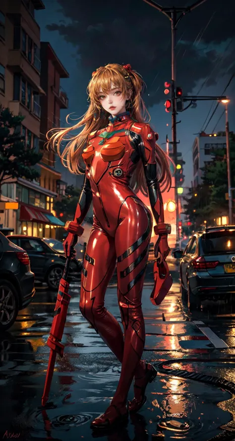 best quality, masterpiece, realistic, photorealistic, 1girl, solo, looking at viewer, full body, standing, long hair, asuka cosp...
