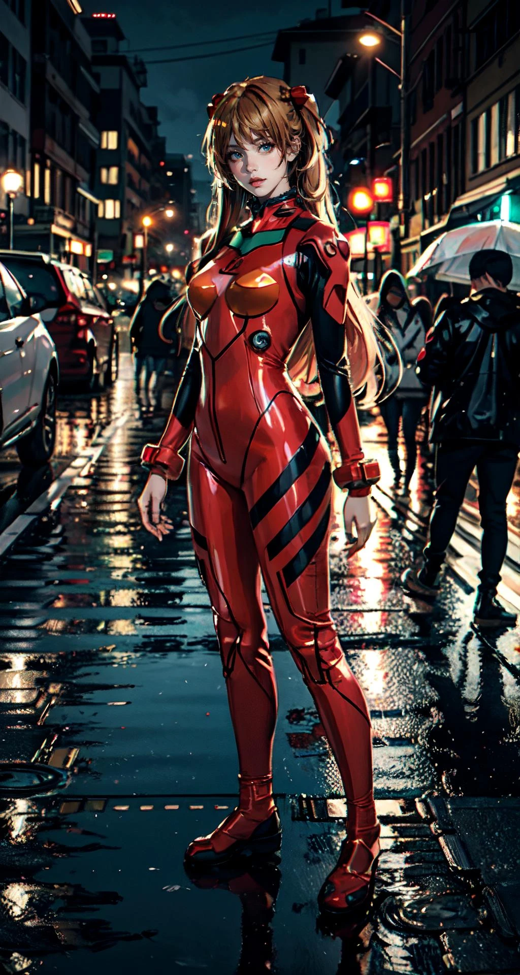 best quality, masterpiece, realistic, photorealistic, 1girl, solo, looking at viewer, full body, standing, long hair, asuka cosplay costume, cosplay, plugsuit, bodysuit, hair ornament, detailed background, in street, night, light, rain, 