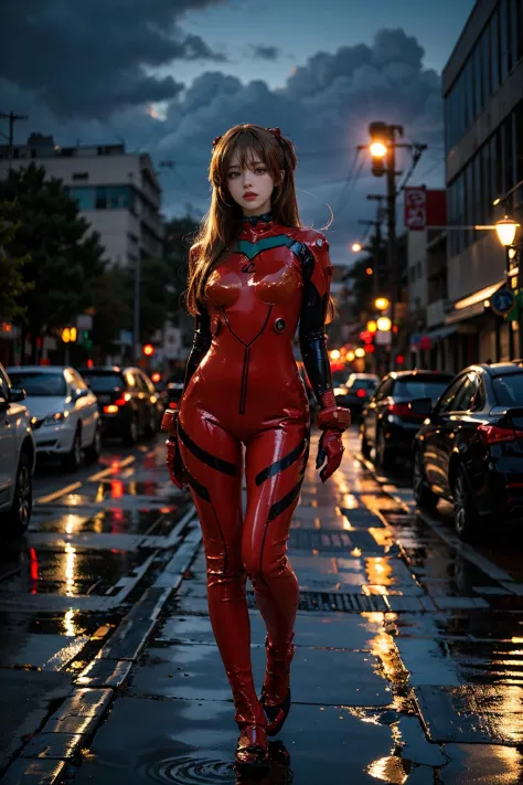 best quality, masterpiece, realistic, photorealistic, 1girl, solo, looking at viewer, full body, standing, long hair, asuka cosplay costume, cosplay, plugsuit, bodysuit, hair ornament, detailed background, in street, night, light, rain, <lora:asuka_cosplay...