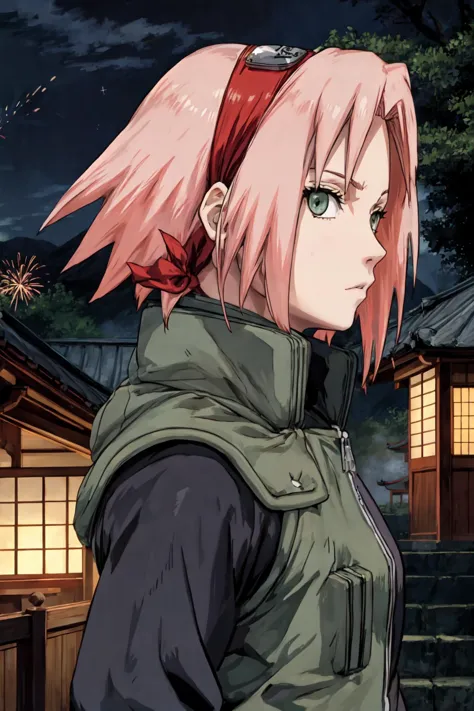 sakura shippuden, masterpiece, best quality, absurdres, solo, woman, badass, standing,  upper body,    looking at viewer,  from ...