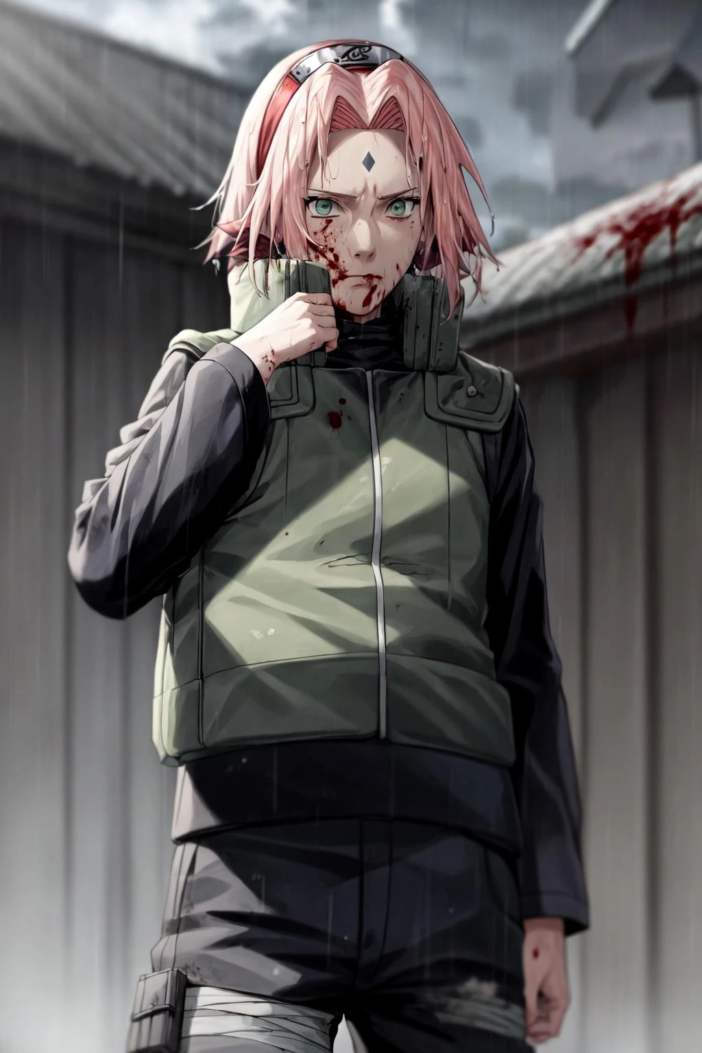 Anime character with pink hair and green eyes standing in front of a  building - SeaArt AI