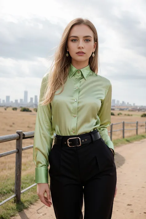 beautiful photograph of a smart looking 1girl, solo, wearing a royal green, satin collared shirt <lora:collaredShirt-000020-v2:0.75> very detailed fine silk fabric emphasis, perfectly defined button detailing, black pants with a belt, diamond stud earrings...