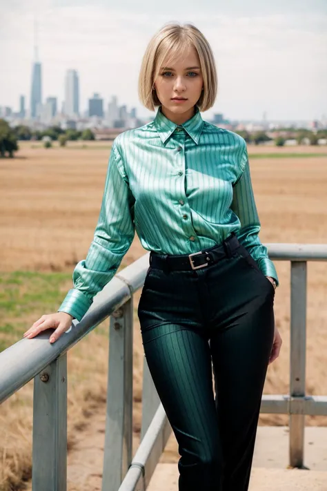 beautiful photograph of a smart looking 1girl, blonde bob cut, stunning green eyes, solo, wearing a (blue striped satin collared shirt:1.2), very detailed fine silk fabric emphasis, perfectly defined button detailing, (black pants:1.4), belt, diamond stud earrings, serious expression, slim figure, standing against a country skyline at midday, cowboy shot, full body shot, photographed on a Fujifilm XT3, 80mm F/1.7 prime lens, cinematic film still, cinestill 500T, highly detailed, masterpiece, highest quality, intricately detailed, HDR, 8k, uhd, photorealistic, <lora:collaredShirt-000020-v2:0.7>, <lora:add_detail:0.7>